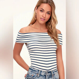 Free People We the Free Melbourne Ivory Striped Ribbed Off-the-Shoulder Top, M